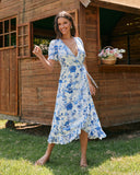 Camille Blue Floral Wrap Midi Dress