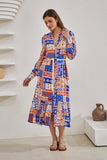 Cordelia Blue Abstract Patchwork Belted Midi Dress