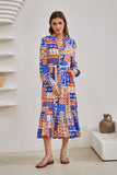 Cordelia Blue Abstract Patchwork Belted Midi Dress