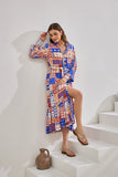 Cordelia Blue Abstract Patchwork Belted Midi Dress